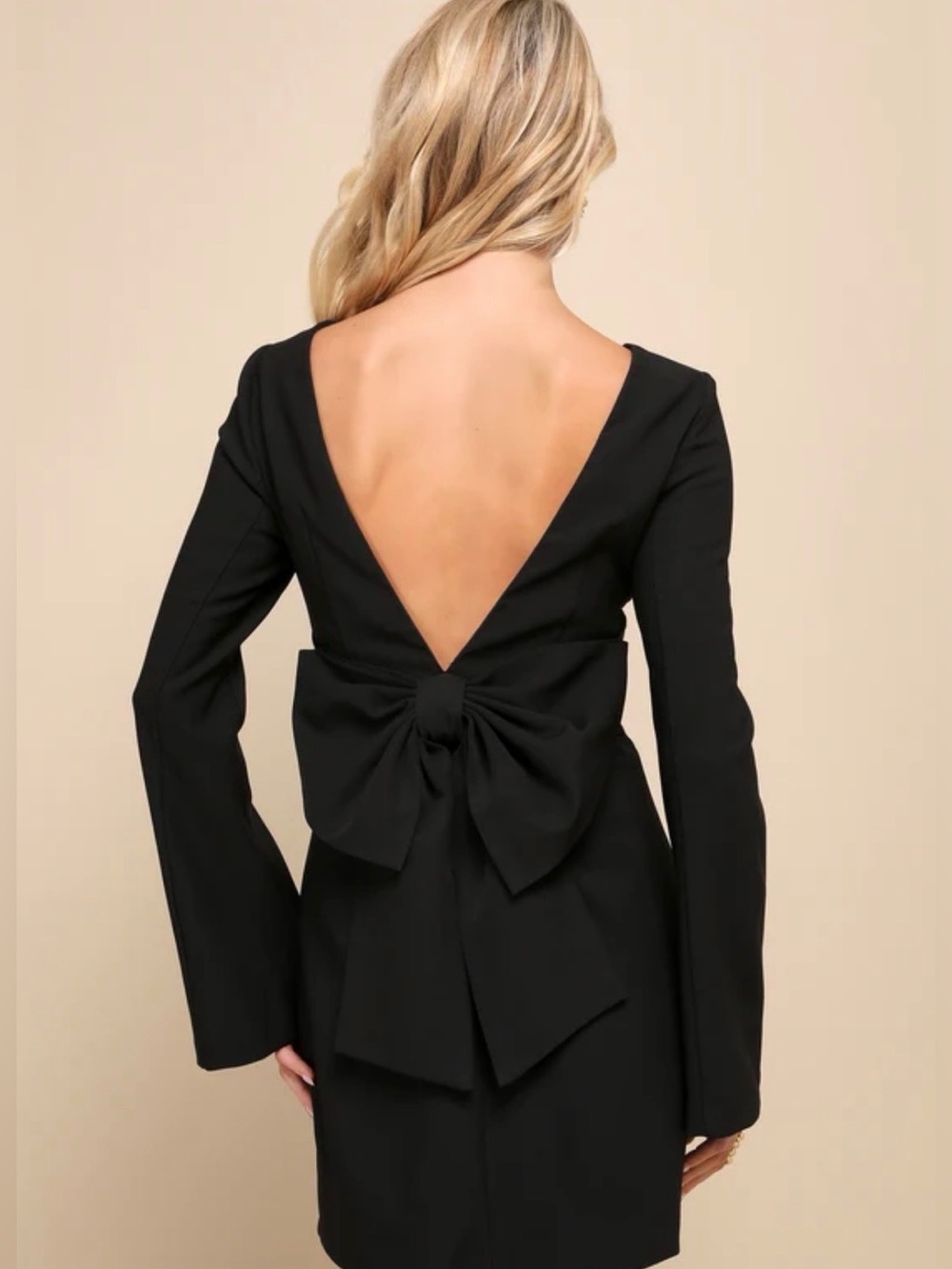 Lulus Elegant Cutie Black Bow Long Sleeve Backless Mini Dress